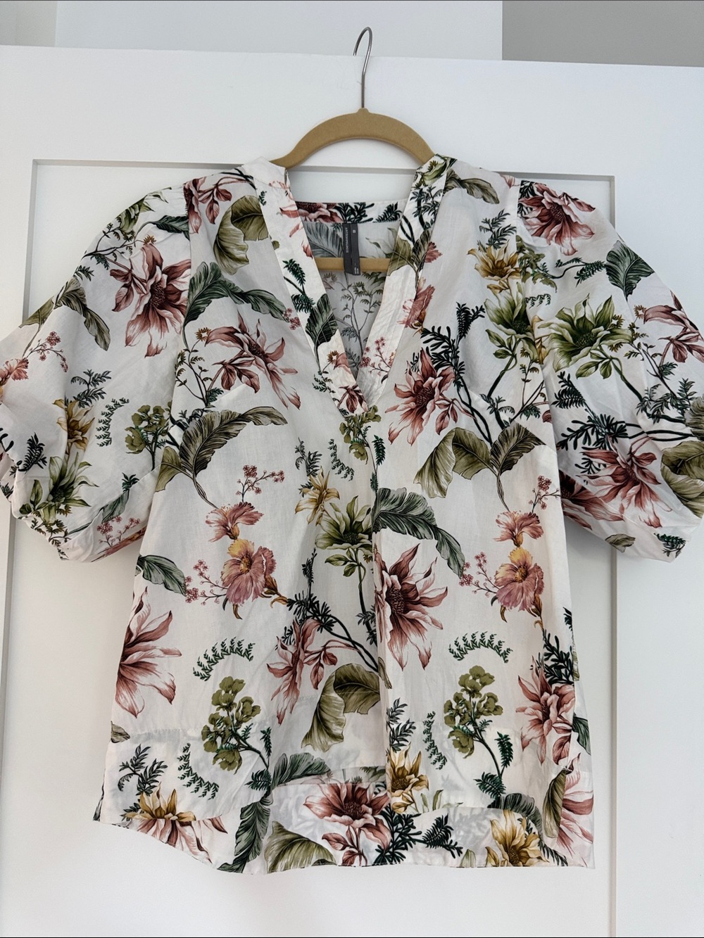 Anthropologie White Floral V-Neck Blouse with Pink, Green & Mustard Print